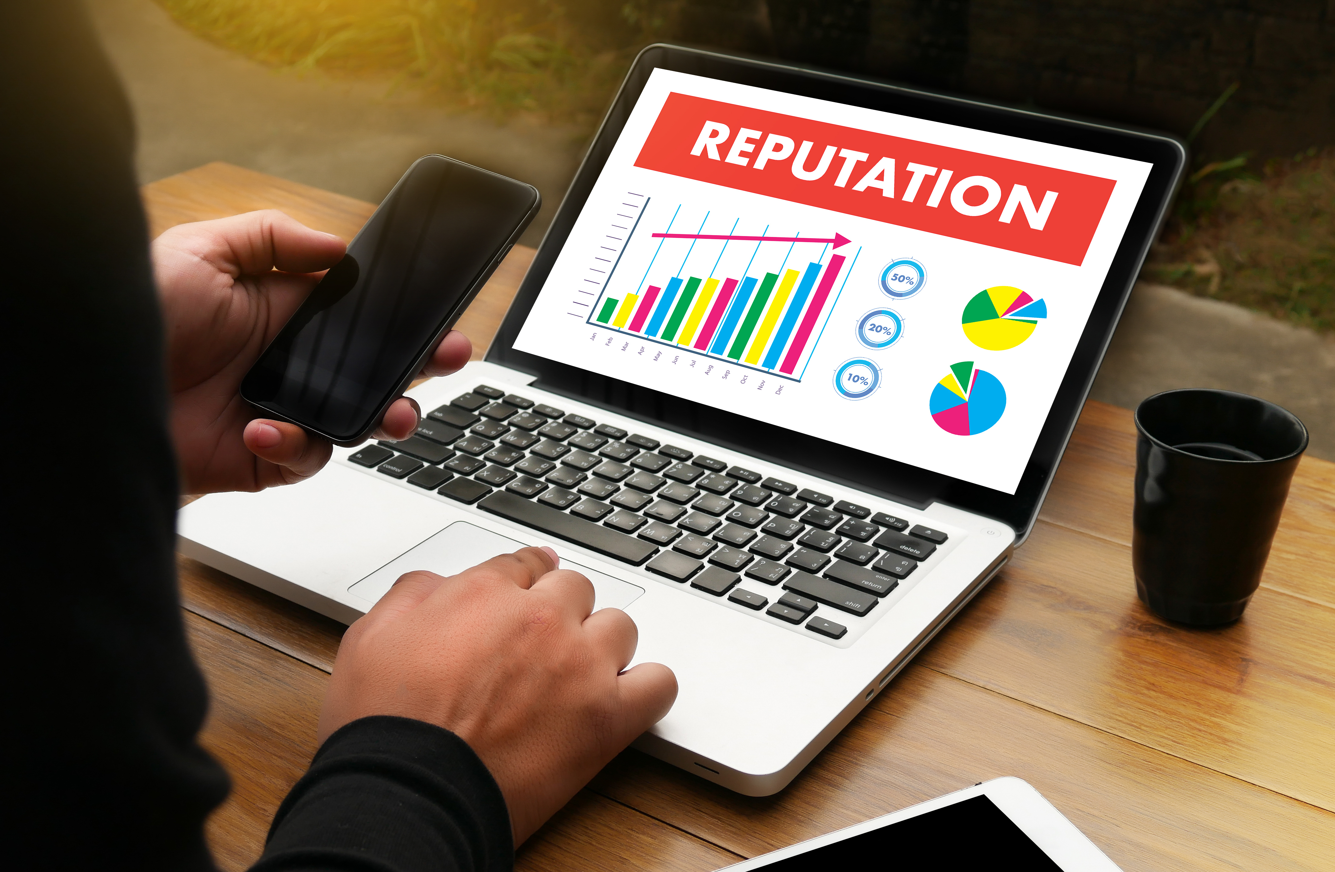 Image of someone on a laptop that displays a graph titled 'Reputation'.